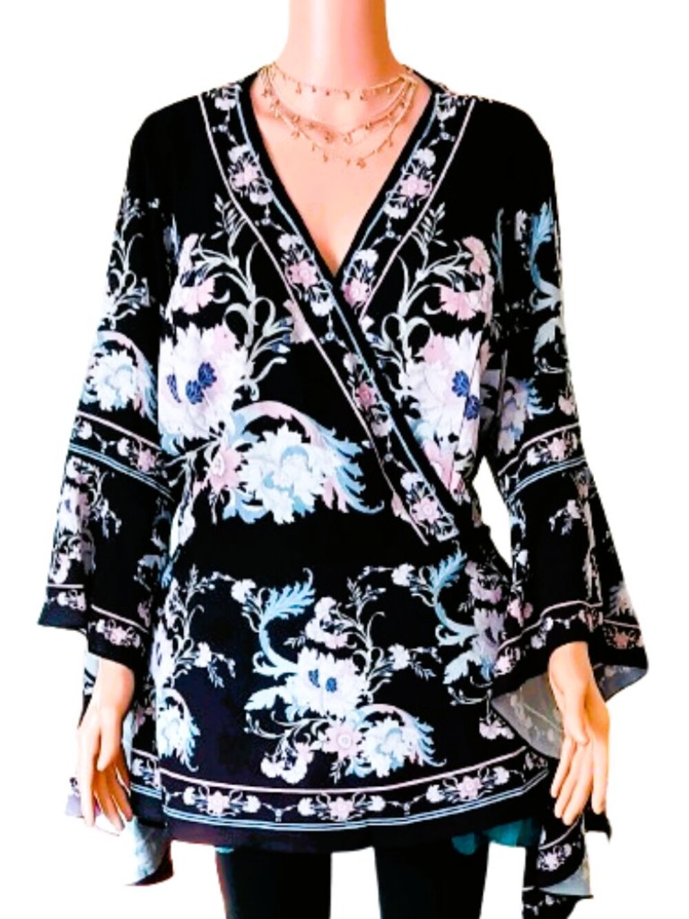 City Chic Faux Wrap Floral Top M/18 Long Flutter Sleeve Back Elastic Waist